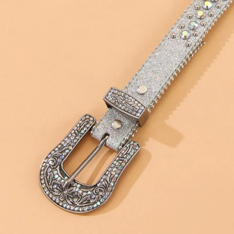 Women Fashion Casual Color Punk Rivet PU Rhinestone Metal Buckle Belt