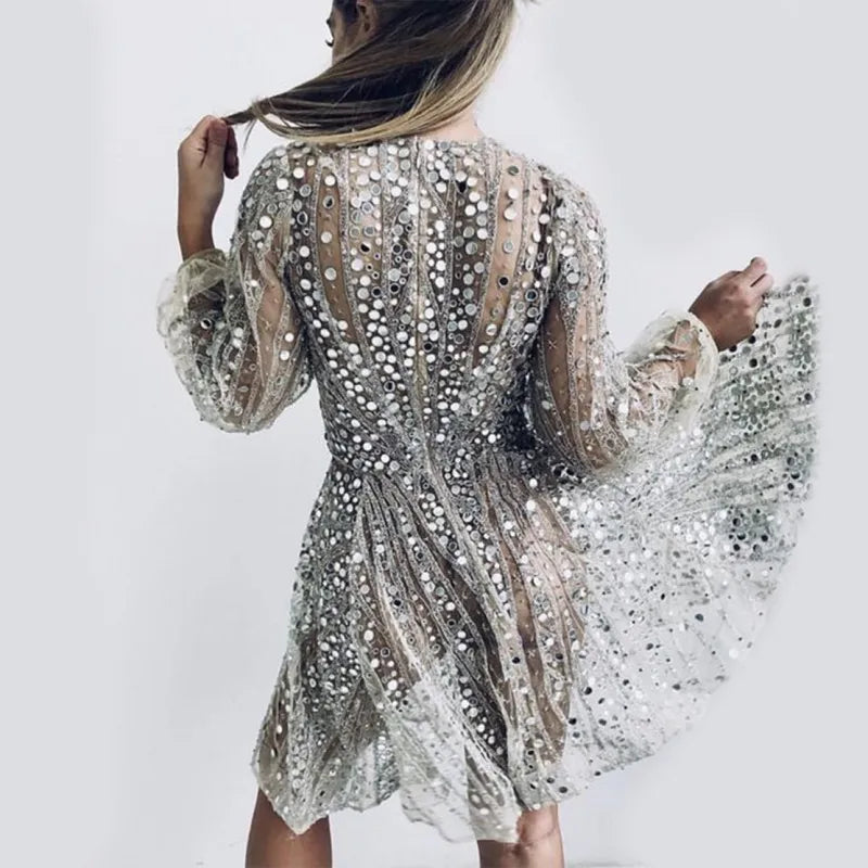 Women Sexy Long Sleeve Sequin Party Dress