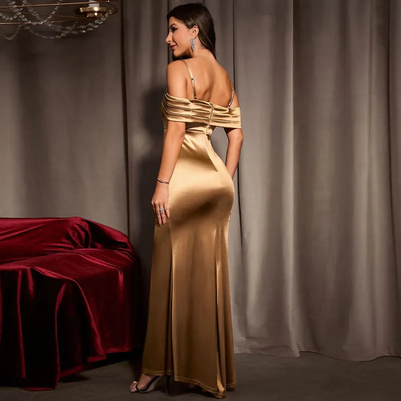 Women Sexy Off-Shoulder Side Slit Backless Nightclub Party Maxi Evening Gown Dress