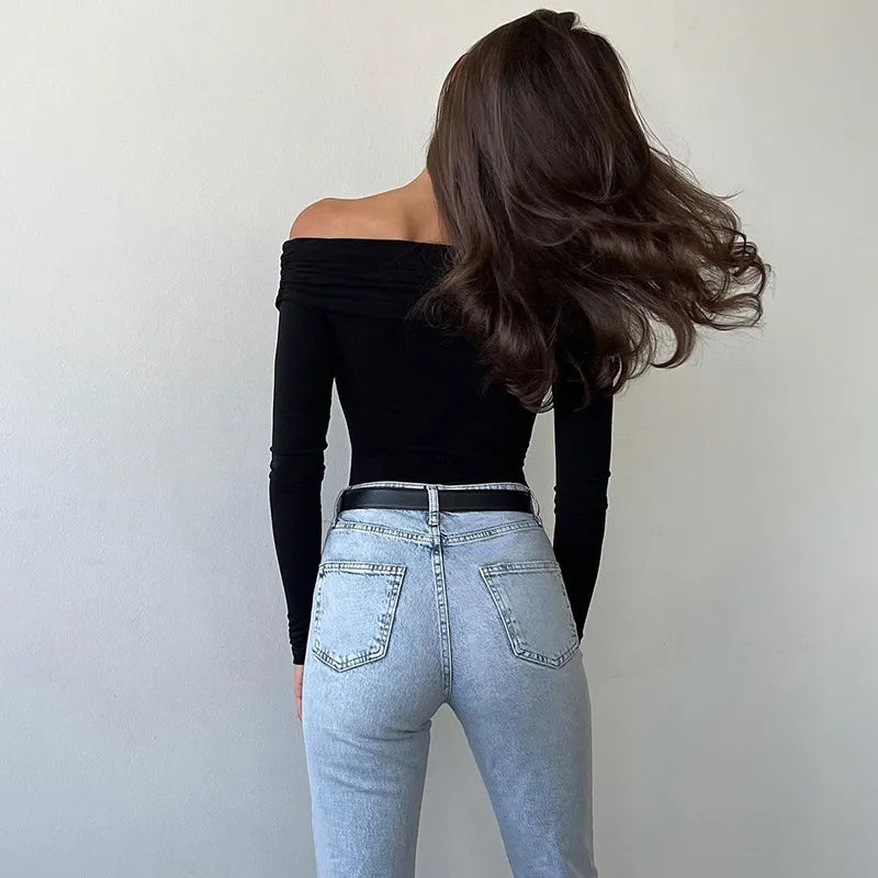 Women Sexy Fashion V-Neck Off Shoulder Long Sleeve Solid Color Slim Fit Bodysuit