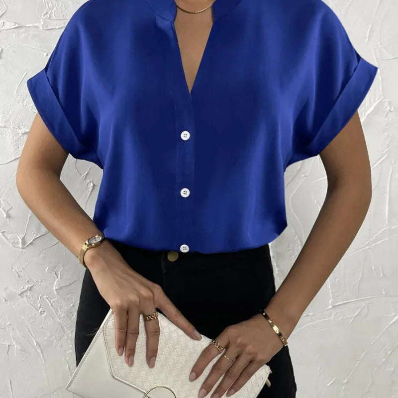 Summer Women Solid Color Simple V-Neck Short Sleeve Shirt