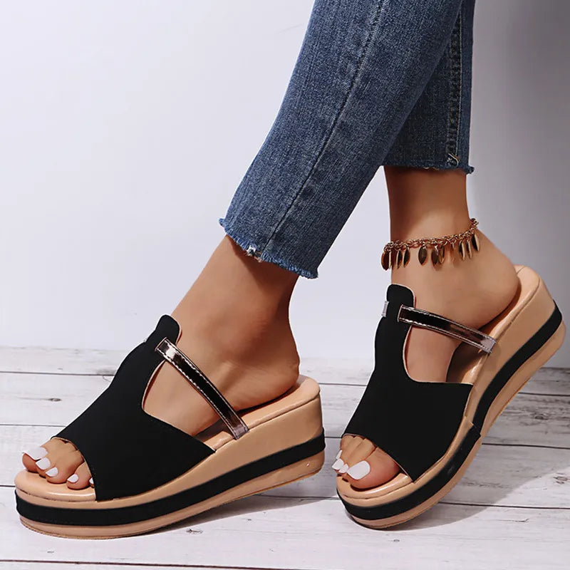 Women Casual Fashion Hollow Design Peep-Toe Slip On Wedge Platform Slippers