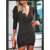 Women Elegant Solid Color V-Neck Long-Sleeved Creased Irregular Hem Mini Dress