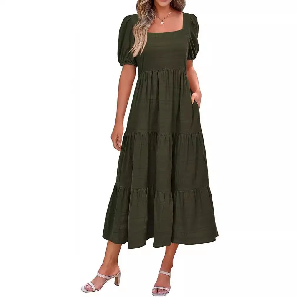 Women Casual Solid Color Puff Sleeve Square Collar Midi Dress