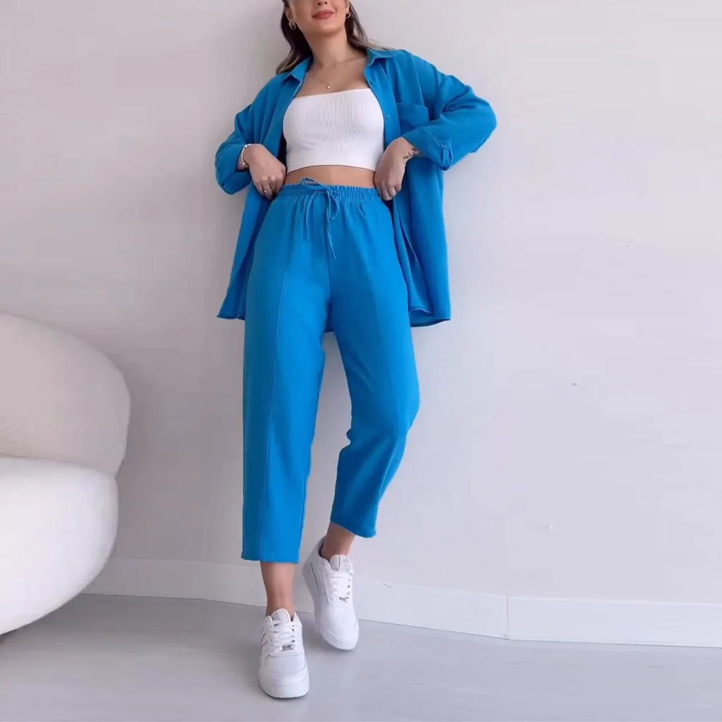 Women Fashion Casual Solid Color Long-Sleeved Shirt Top Lace-Up Pants Two-Piece Set