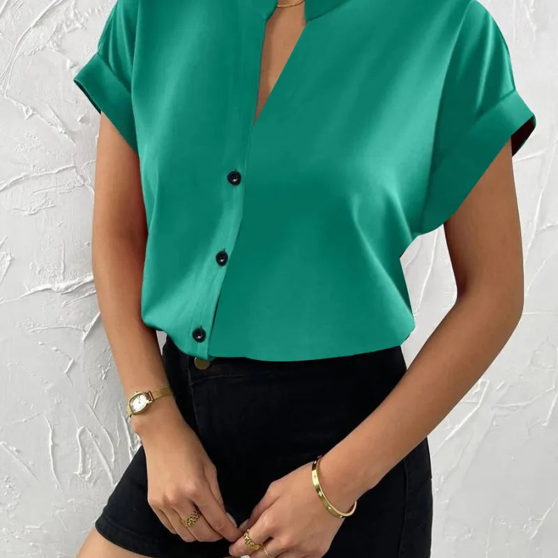 Summer Women Solid Color Simple V-Neck Short Sleeve Shirt