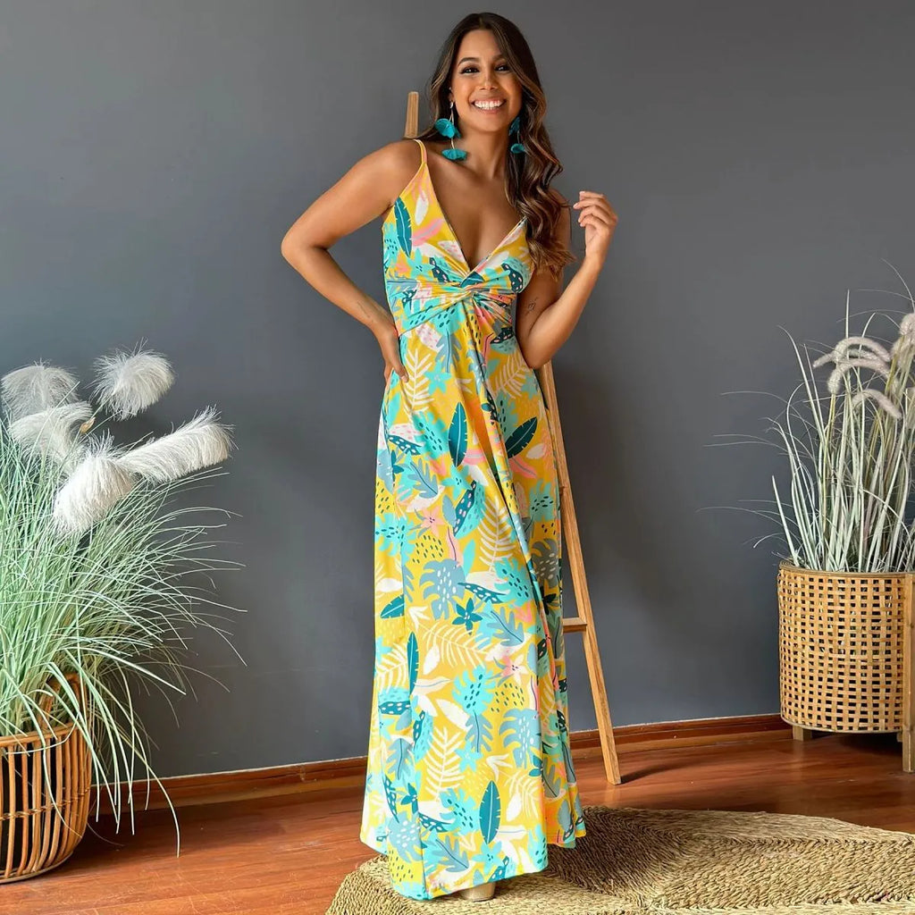 Summer Women Casual Bohemian V-Neck Floral Print Maxi Dress