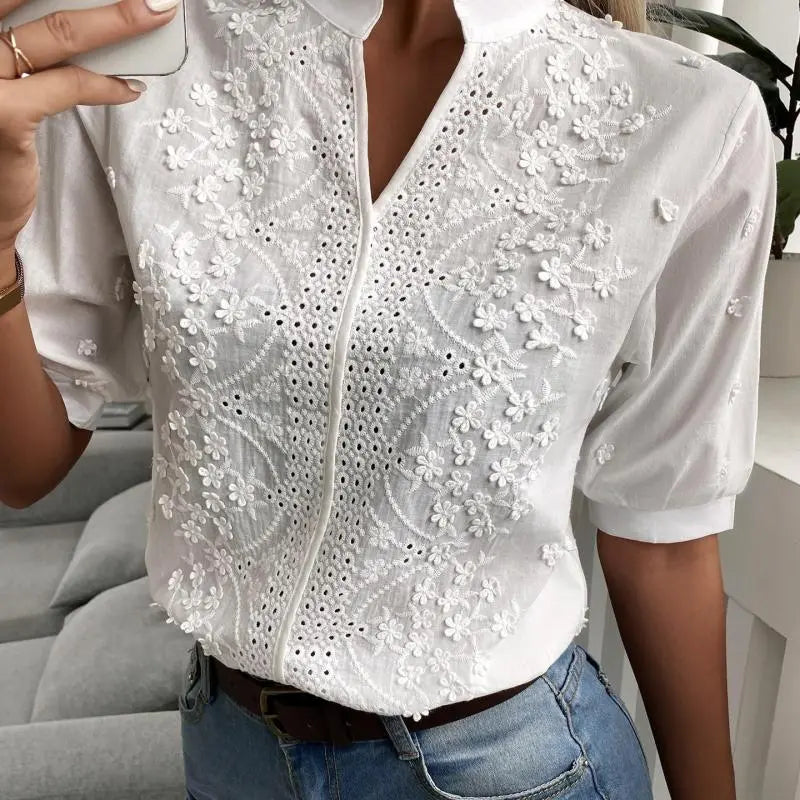 Summer Women Fashion V-Neck Embroidered Lace Shirt Top