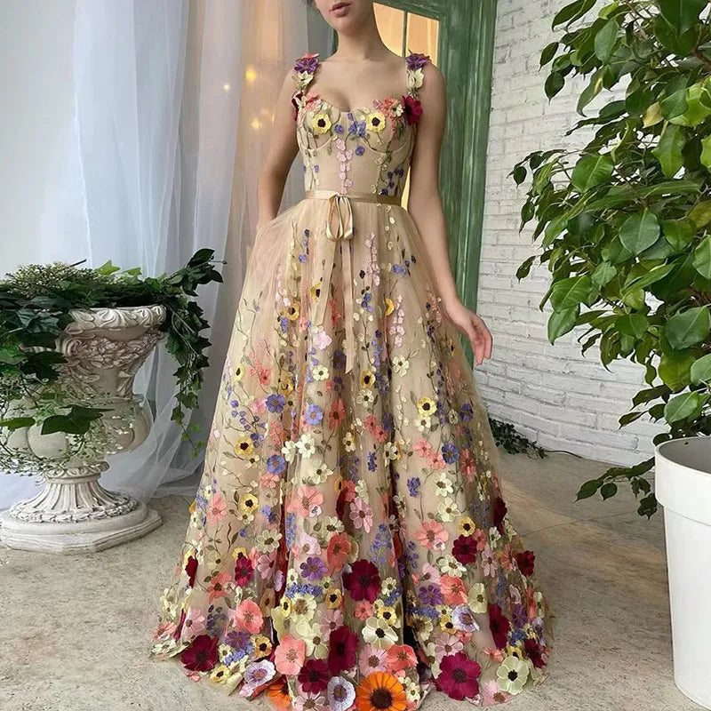 Women Fashion Floral Embroidered Sling Party Dress