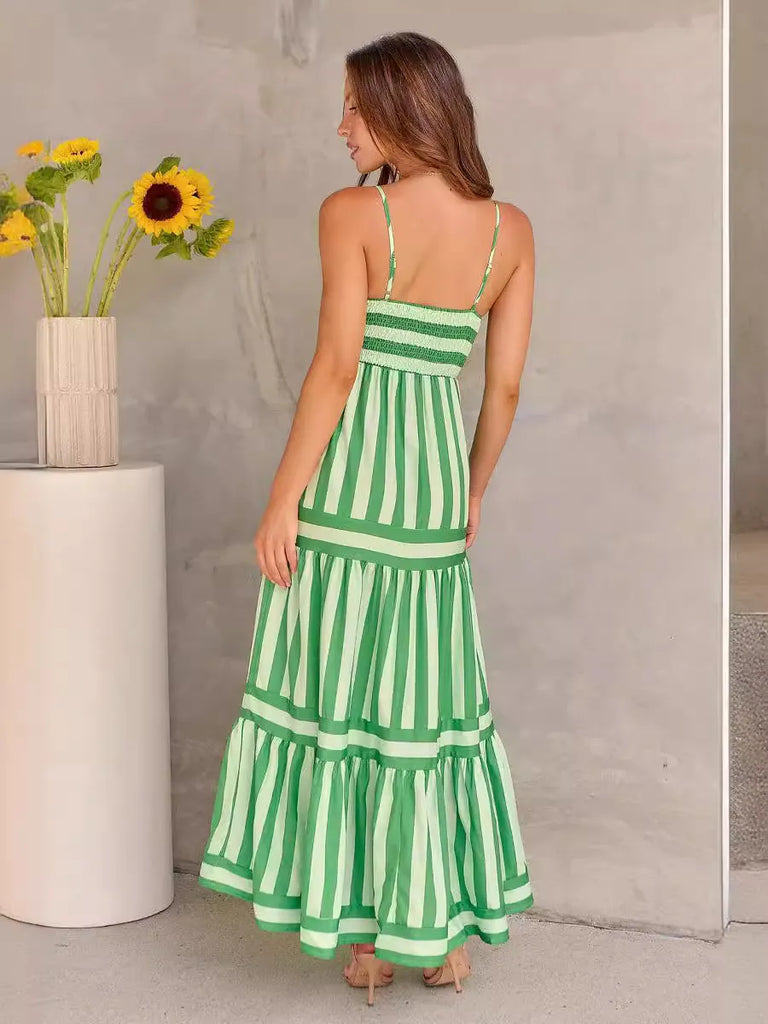 Summer Women Fashion Casual Stripe Printed Strap Backless Pocket Maxi Dress