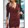 Women Elegant Solid Color V-Neck Long-Sleeved Creased Irregular Hem Mini Dress