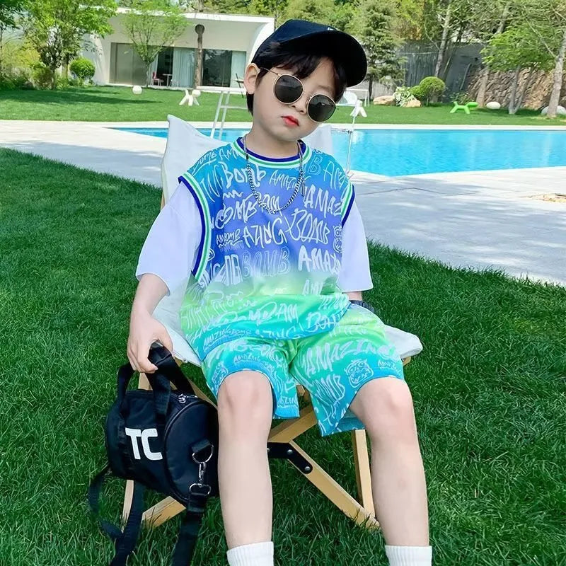 Kids Big Boys Summer Fashion Casual Letter Gradient Round Neck Top Fake Two-Piece Shorts Set