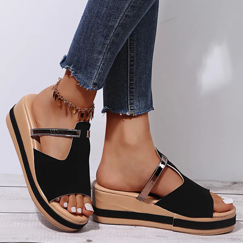 Women Casual Fashion Hollow Design Peep-Toe Slip On Wedge Platform Slippers