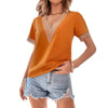 Women Elegant Short Sleeves Color Blocking Patchwork V Neck Blouse