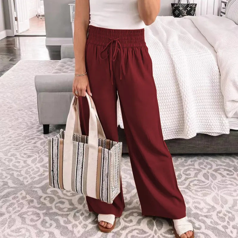 Women Casual Solid Color Lace Up Straight Wide-Leg Pants