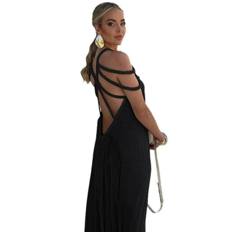 Bohemian Women's Strap Rope Shoulder Loose Holiday Beach Maxi Dress