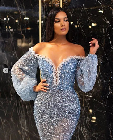 Women Sexy Off-Shoulder Mesh Rhinestone Party Dress