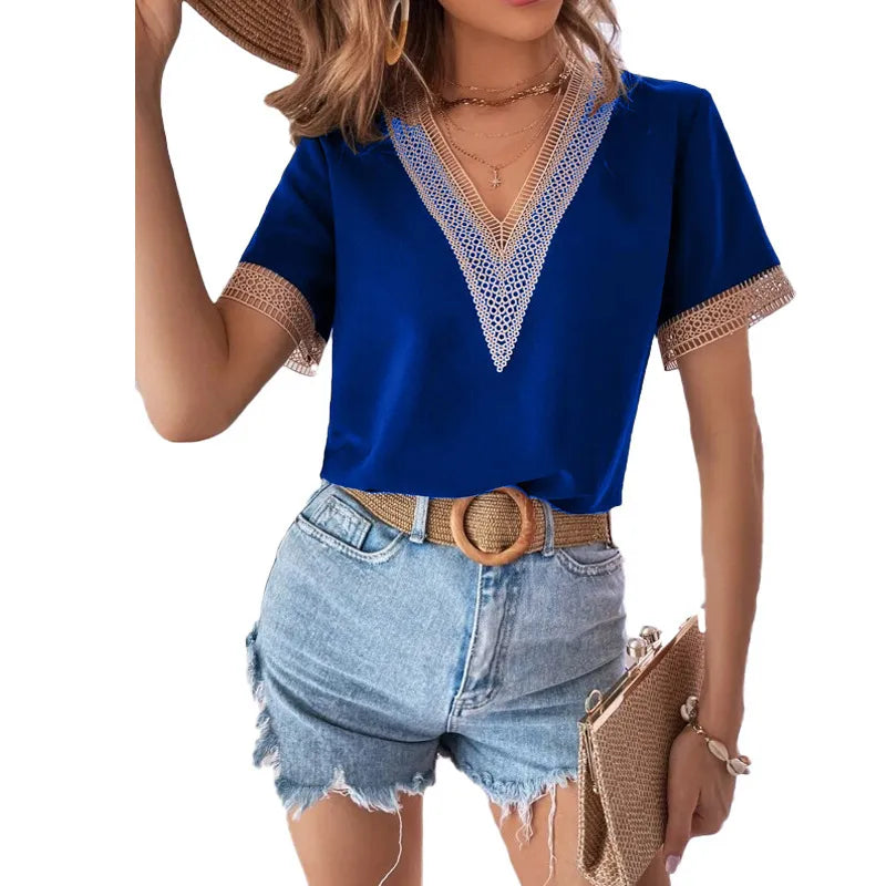 Women Elegant Short Sleeves Color Blocking Patchwork V Neck Blouse