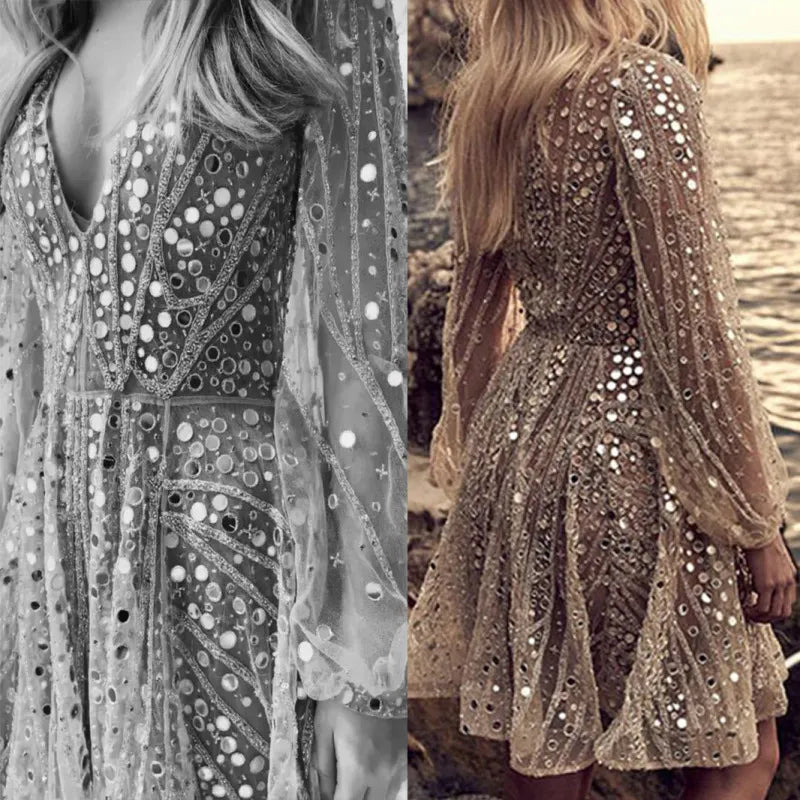 Women Sexy Long Sleeve Sequin Party Dress