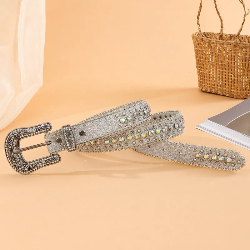 Women Fashion Casual Color Punk Rivet PU Rhinestone Metal Buckle Belt