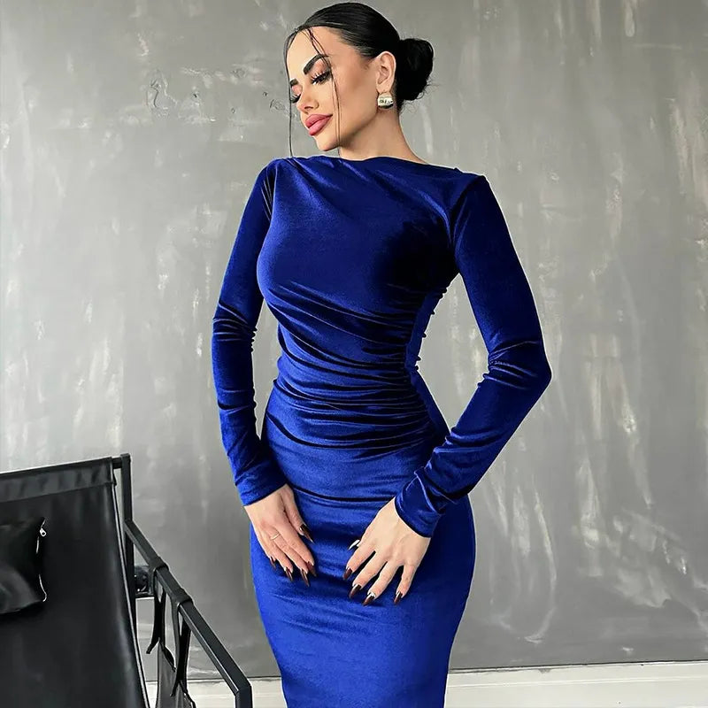 Women Fashion Solid Color Pleated Long Sleeve Bodycon Dress