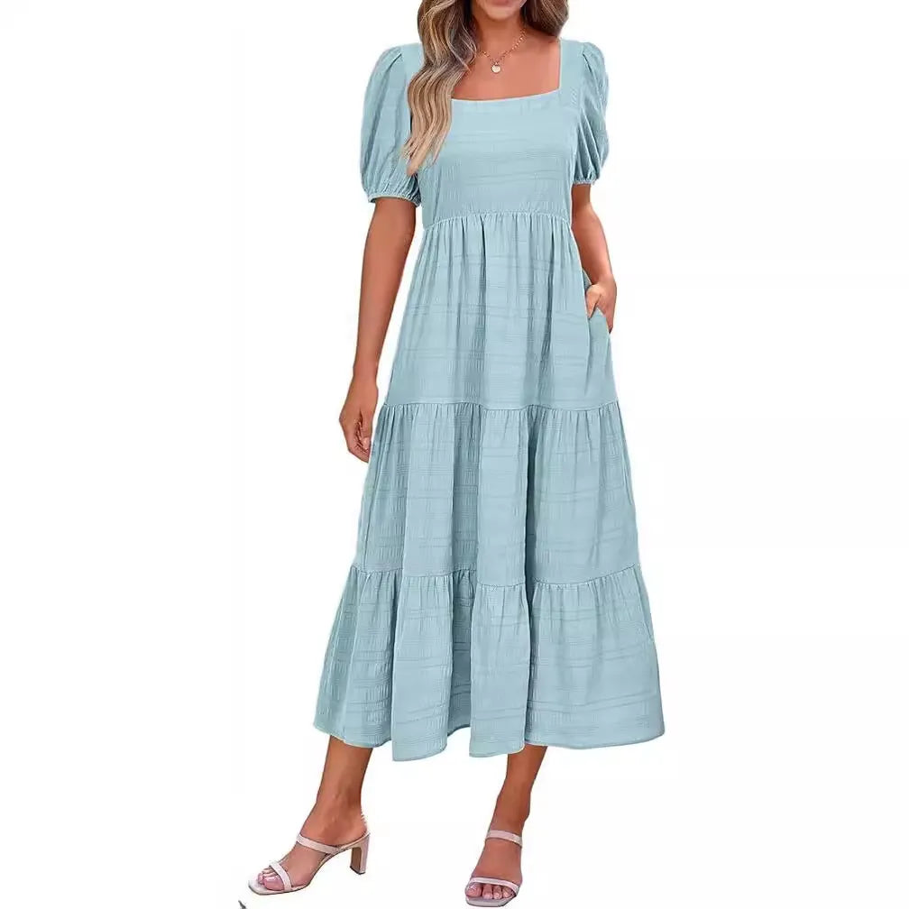 Women Casual Solid Color Puff Sleeve Square Collar Midi Dress