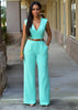 Women Elegant Work Office High Waist V Neck Sleeveless Solid Color Wide Leg Jumpsuits With Belt