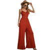 Women Summer Solid Color Casual Pullover Spaghetti Strap Button Wide Leg Jumpsuits