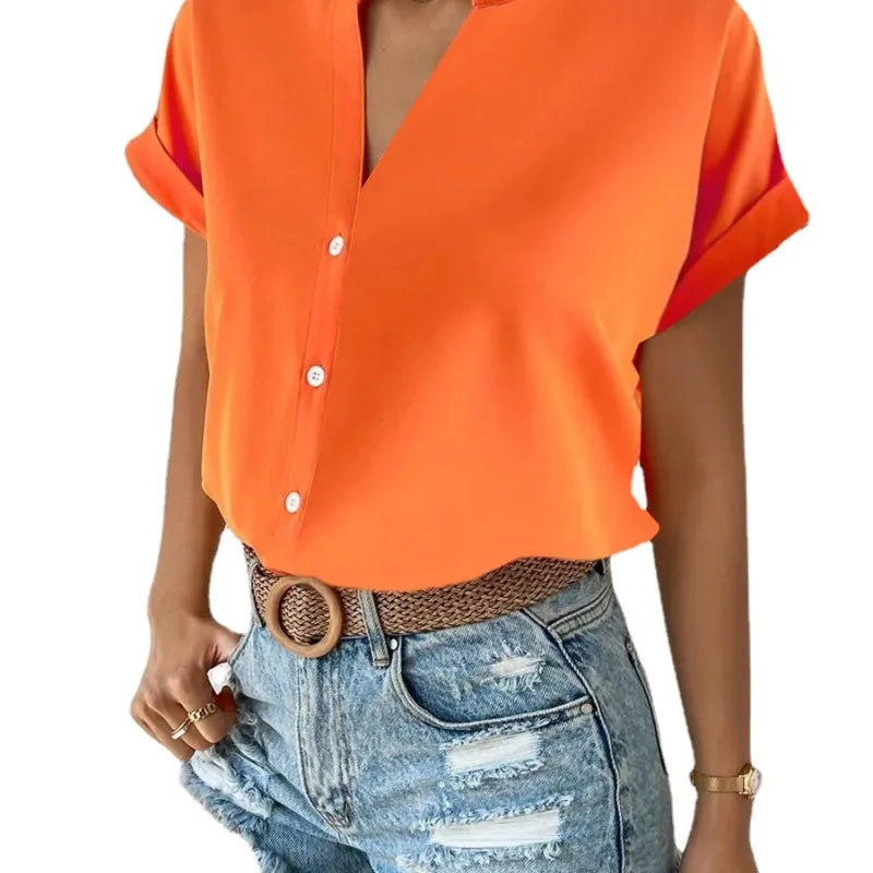 Summer Women Solid Color Simple V-Neck Short Sleeve Shirt