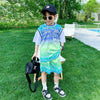 Kids Big Boys Summer Fashion Casual Letter Gradient Round Neck Top Fake Two-Piece Shorts Set