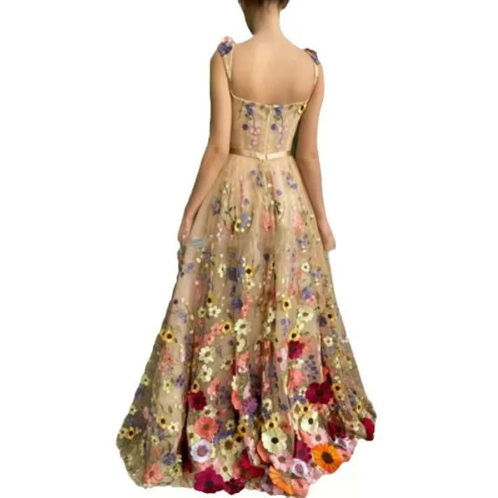 Women Fashion Floral Embroidered Sling Party Dress