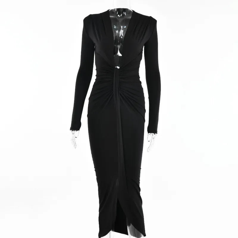 Simple Sexy Irregular Women Elegant Long-Sleeved Slit Solid Color Dress