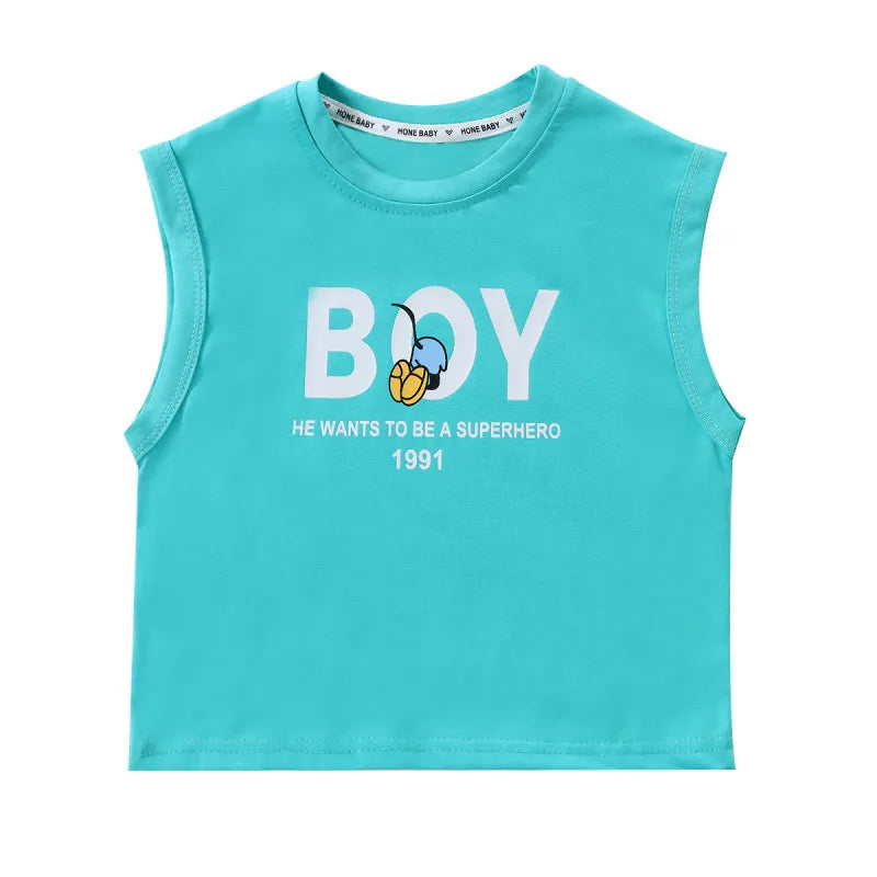 Buy 1 Get 1 Children Kids Baby Fashion Boys Casual Basic Sleeveless Cartoon Letter Print T-Shirt