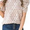 Women Fashion Elegant Lace Floral Round Neck Puff Short Sleeve Blouses