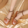 Women Round Toe Leopard One Word Belt Buckle Casual Flat Sandals Large Size