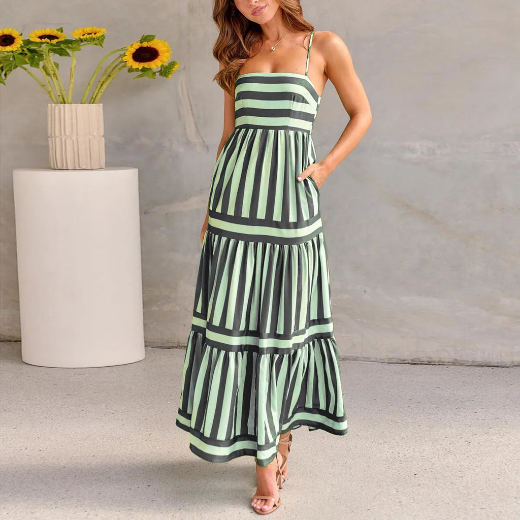 Summer Women Fashion Casual Stripe Printed Strap Backless Pocket Maxi Dress