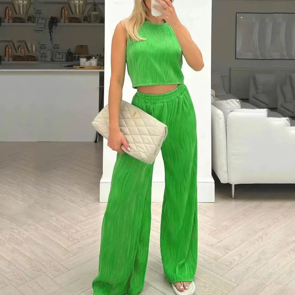 Summer Women Casual Water Ripple Sleeveless Crop Top Wide Leg Pants Two-Piece Set