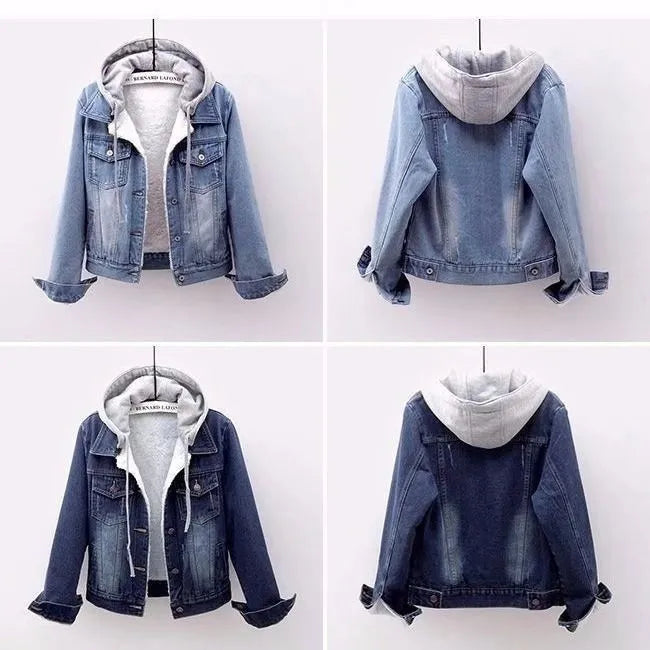 Women Fashion Winter Plush Denim Hooded Coat