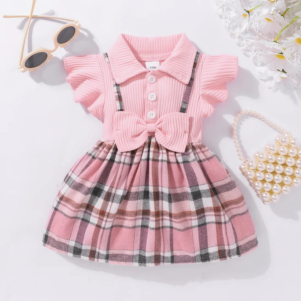 Baby Girls Summer Casual Cute Playd Bow Fluttering Sleeve Lapel Dress