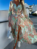 Women's Fashion Print Waist Long Sleeve Side Slit Dress