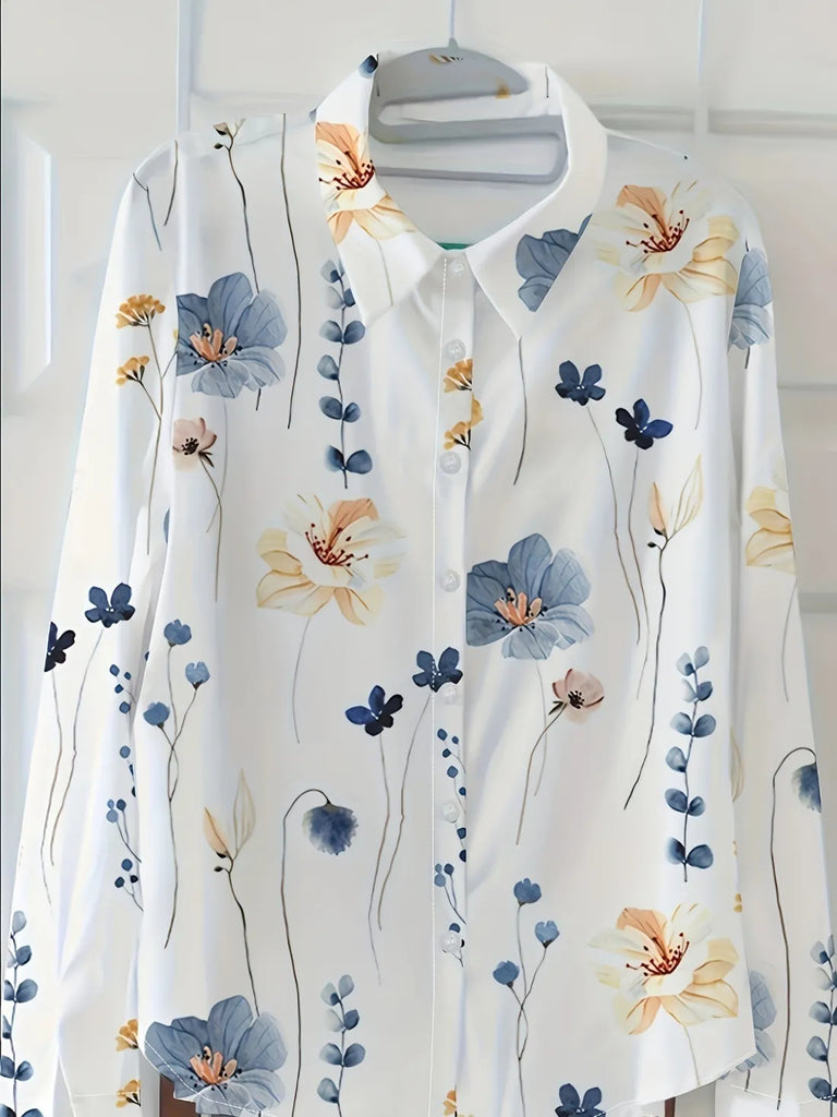 Women Fashion Dragonfly Print Lapel Long Sleeve Shirt