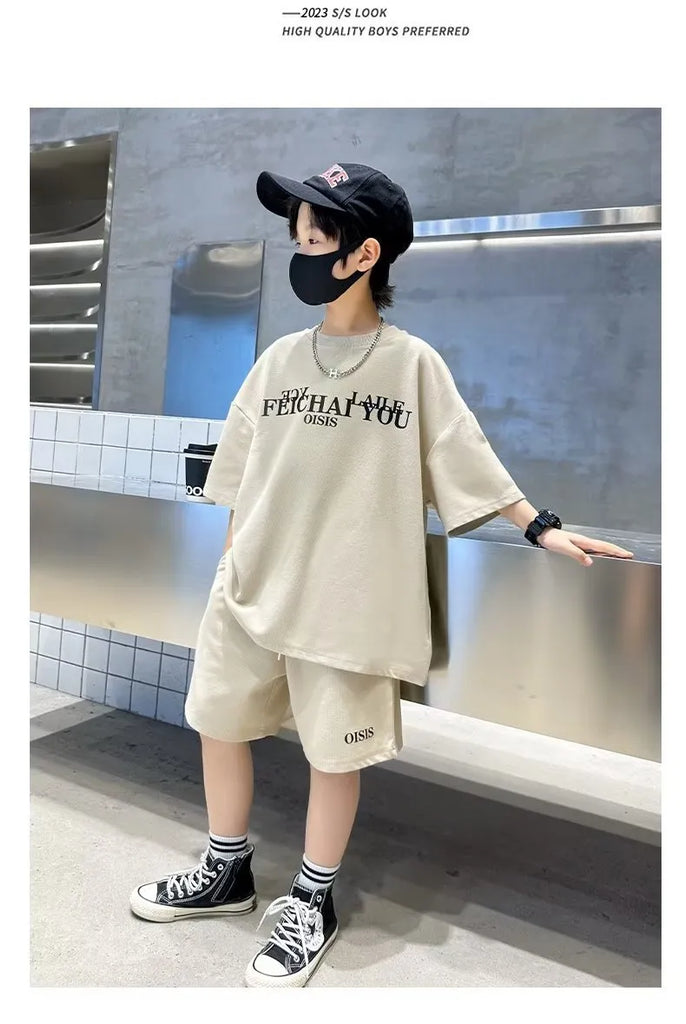 Kids Big Boys Summer Fashion Casual Solid Color Letter Round Neck Two-Piece Set