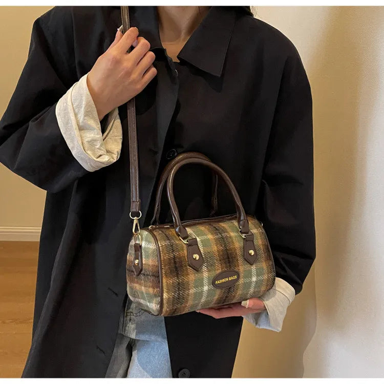 Women Retro Simple Wool Plaid Zip Handle Shoulder Bag