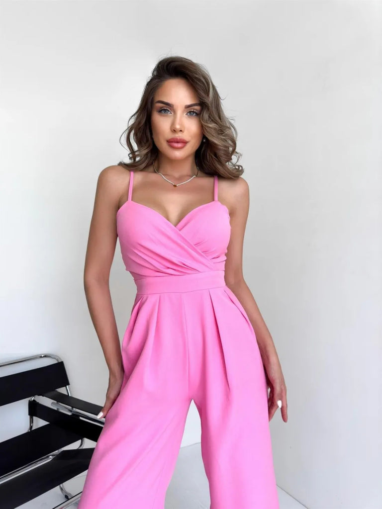 Summer Women Fashion Sexy Sling High Waist Solid Color Jumpsuits