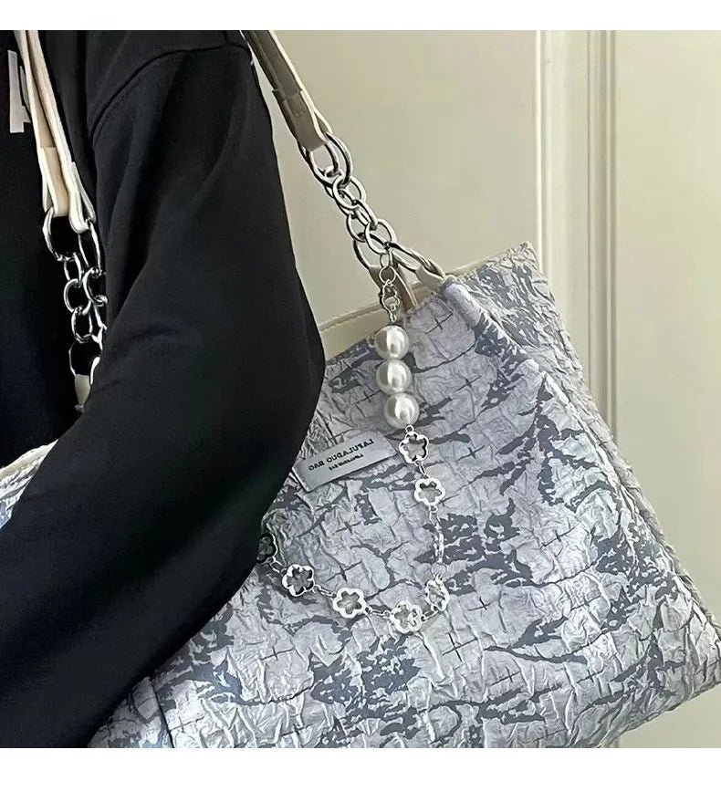 Women Fashion Large Capacity Jacquard Canvas Pearl Chain Shoulder Tote Bag