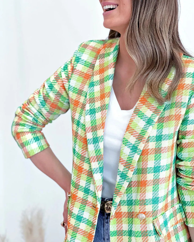 Autumn Winter Women Fashion Casual Plaid Long Sleeve Pocket Printed Double-Breasted Suit Jacket Blazers