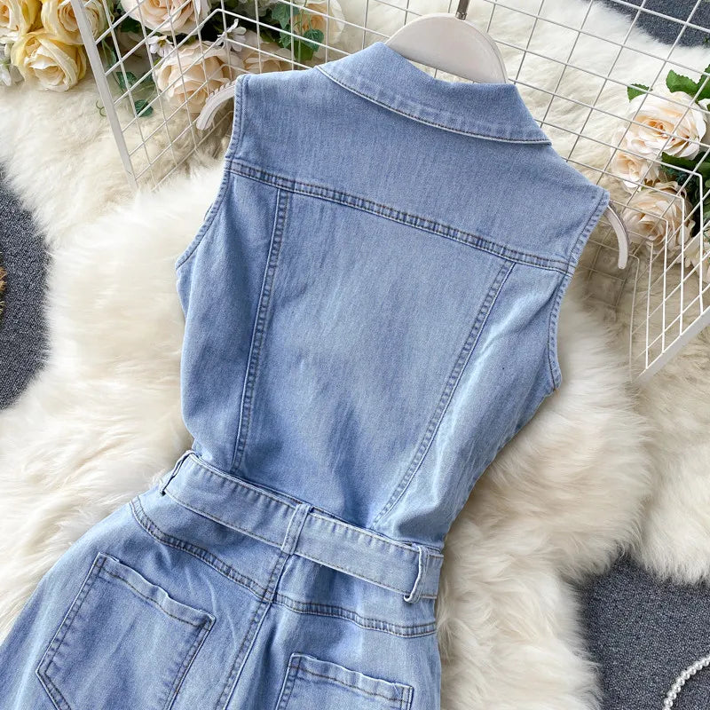 Women Fashion Vintage Buckle Lace-Up Defined Waist Straight Wide Leg Denim Jumpsuit