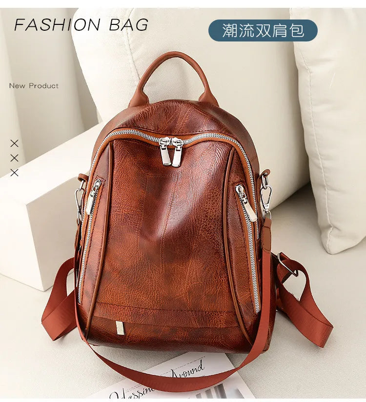 Women Fashionable Simple PU Large Capacity Zipper Backpack