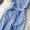 Women Fashion Vintage Buckle Lace-Up Defined Waist Straight Wide Leg Denim Jumpsuit