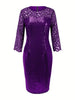 Women Fashion Sexy Plus Size Round Neck Gauze Sequin Slim Party Dress